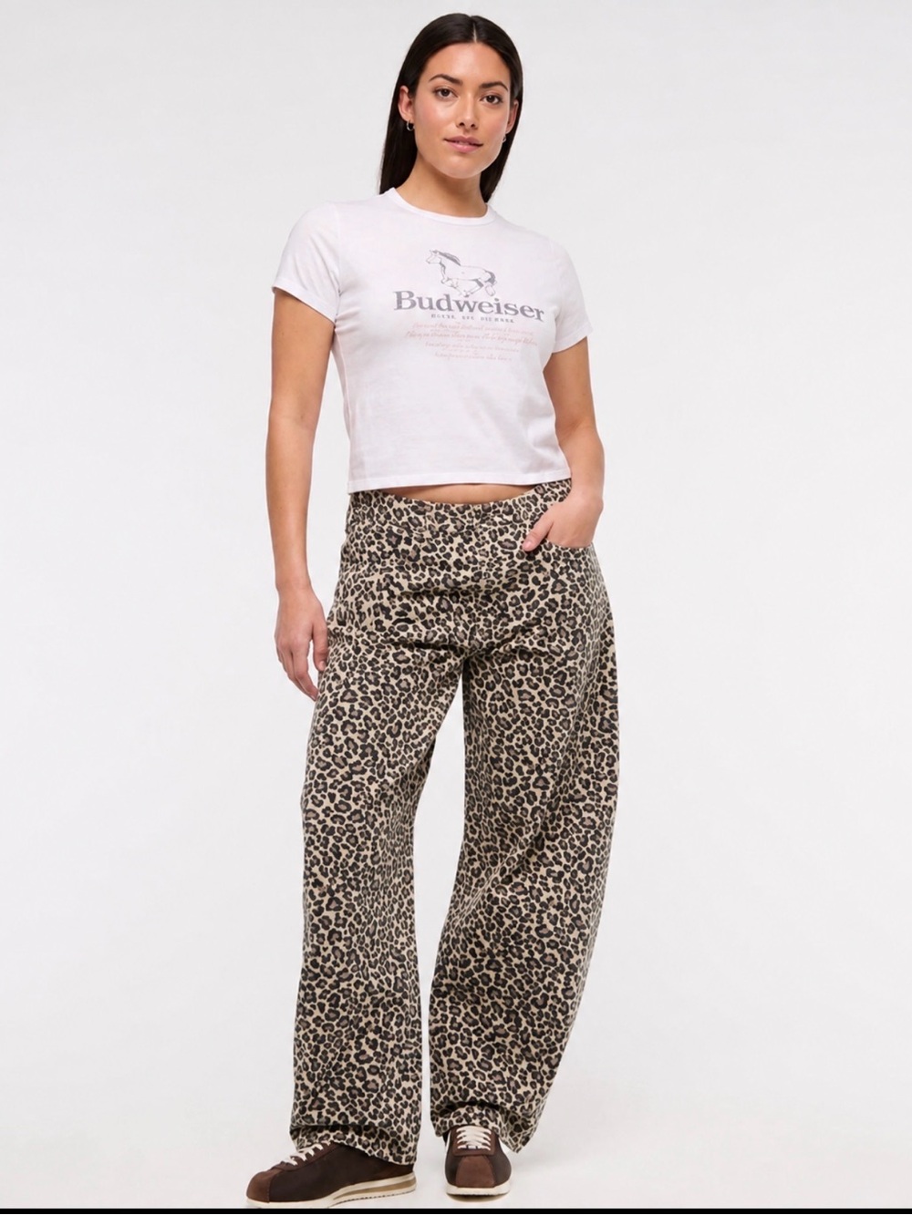 Abercrombie Curve Love Leopard Animal Print Mid-Rise Barrel Jeans Tan 33 NWOT - Picture 7 of 14